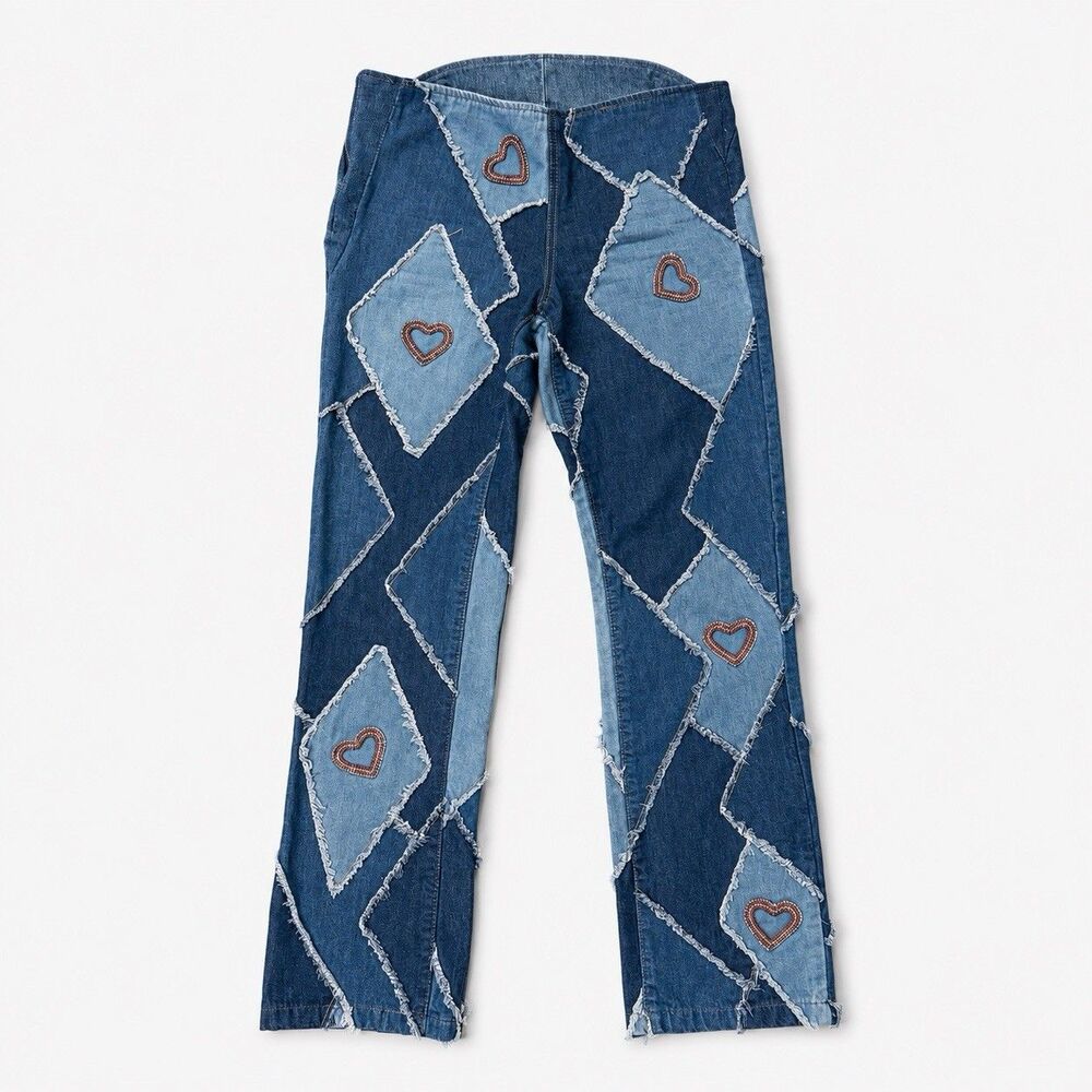Jaded London Extreme Low Rise Patchwork Jeans W28 Y2K Rhinestone Heart Denim